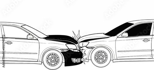 Two cars in a head-on collision, with front-end damage and crumpled hoods