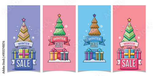 Christmas sale with decorated trees and gift boxes vector illustration