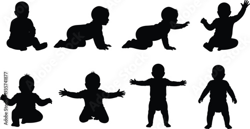 Baby silhouette illustrations showing crawling, sitting, standing, and reaching poses, depicting stages of infant growth and motor development