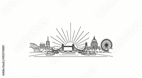 Iconic city skyline at sunrise with famous landmarks and boats on the river