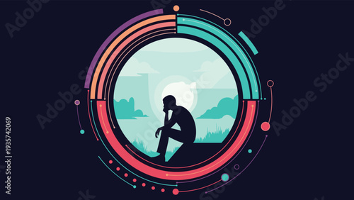 Philosophical concept showing a silhouette of a person in deep thought inside a futuristic data interface and HUD circle.