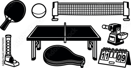 Minimalist line art composition of table tennis paddles ball net scoreboard case and accessories in flat vector top view overhead