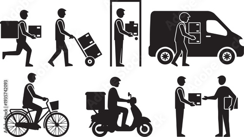 Delivery courier service silhouettes, package shipping transport worker with van bicycle scooter vector illustration set