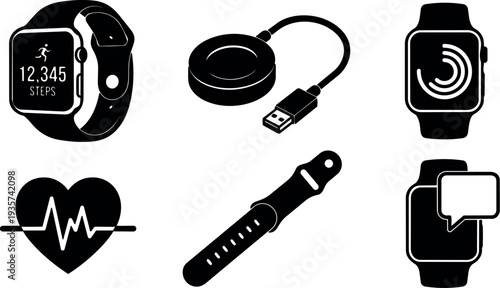 Flat design close up smartwatch icons set showing step counter charger heart rate strap and notification screen in bold silhouette