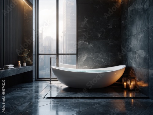 Luxurious freestanding bathtub sits in sleek, dark-tiled bathroom. Large window offers city skyline view, bathed in soft morning light. Candles glow warmly beside the tub, casting gentle shadows
