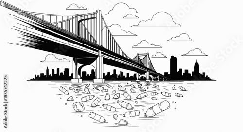 A stark illustration of pollution; plastic bottles litter a body of water beneath a bridge and city skyline