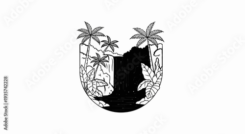 Tropical waterfall scene framed by lush foliage and palm trees