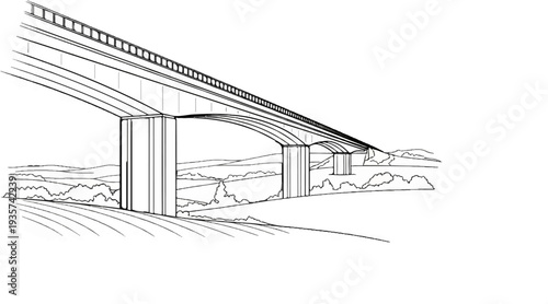 Drawing of a large elevated highway bridge with arched spans over a rural landscape
