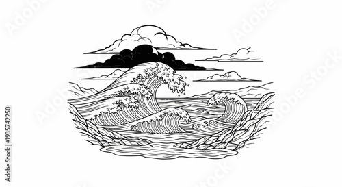 Dynamic line art depicts dramatic ocean waves crashing under dark, stylized clouds and distant hills