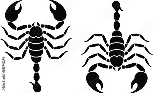 Scorpion silhouette icon set, dangerous desert arachnid symbols with claws and stinger tail, wildlife vector illustration collection