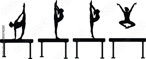 Gymnast silhouettes performing balance beam routines, flexible female athletes in acrobatic poses isolated vector set for gymnastics sport training design