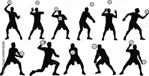 Handball player silhouettes collection showing throwing passing and catching ball poses team sport athlete vector illustration isolated black set