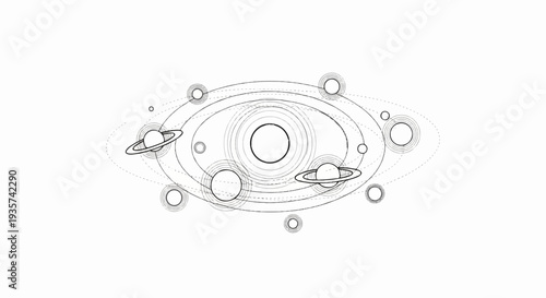 Stylized celestial bodies orbiting a central sun with rings