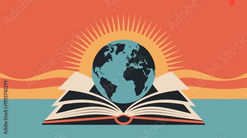 Open book with earth globe emerging from pages under sunny orange sky with wavy lines