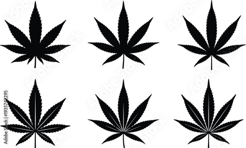 Black silhouette collection of cannabis-inspired leaf shapes, botanical vector icons for herbal design, nature, medical, and decorative purposes