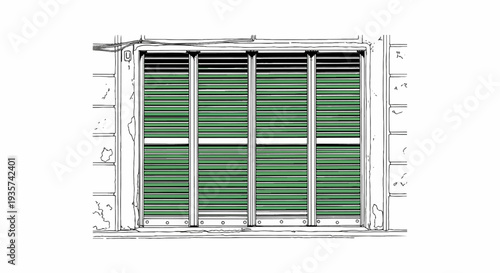 Detailed sketch of a building facade with four green-slatted window shutters