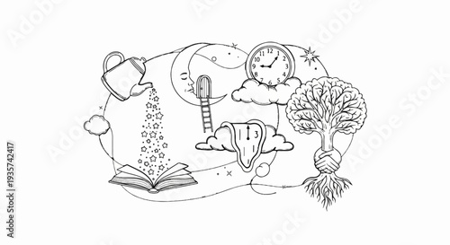 Surreal scene with a watering can, stars, book, moon, ladder, clock, melting clock, clouds, and a tree