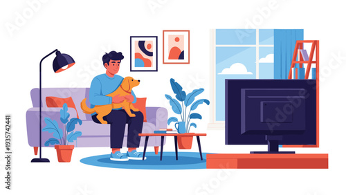 Relaxing home scene showing a man sitting on a purple sofa with his golden retriever dog while watching a television program.