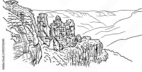 Stylized line drawing of rock formations in a vast canyon under a cloudy sky