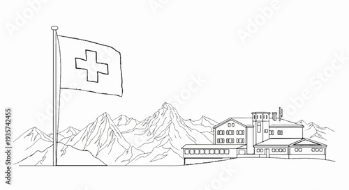 Swiss flag flies above mountain lodge with snowy peaks in background