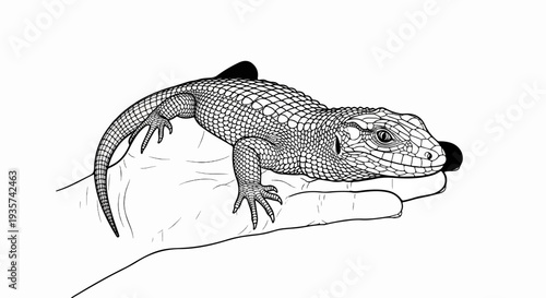 Detailed line art shows a textured lizard resting on a person's palm