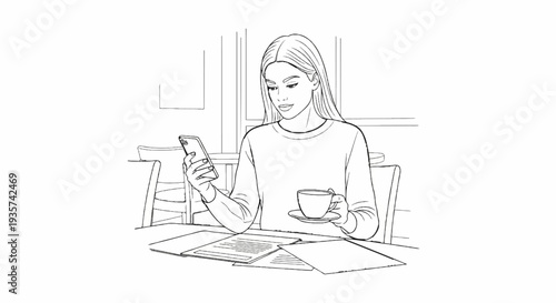 Woman holding coffee cup and phone while looking at papers at table