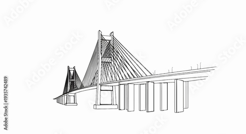 Detailed line drawing of a suspension bridge with cable-stayed towers and concrete piers