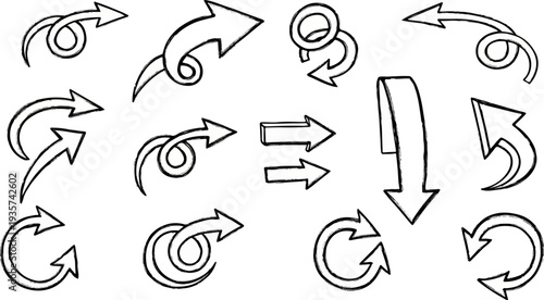 Collection of sketched arrows pointing in various directions and styles