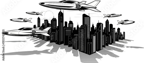 Futuristic aircraft soar above a stylized, silhouetted cityscape