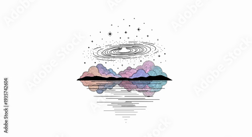 Celestial landscape with colorful clouds reflected in water