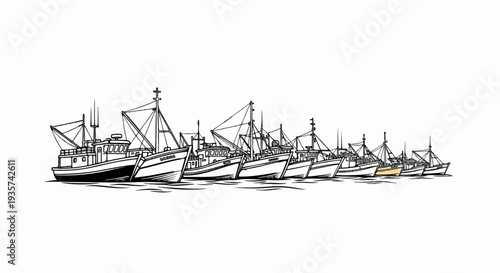 Fleet of commercial fishing boats lined up at sea, one highlighted