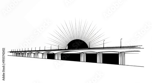 A sketch depicts a vast, arched bridge spanning across a bright, sun-drenched horizon