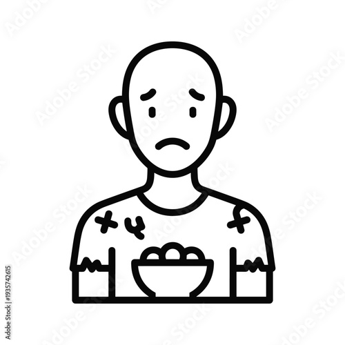 A distressed person holding a bowl of what appears to be soup or stew