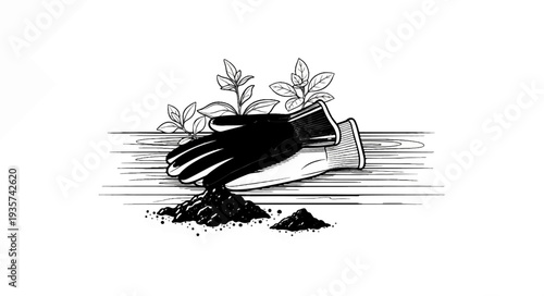 Gardening gloves rest on wooden planks with sprouts emerging from soil