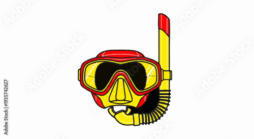 A red and yellow snorkel mask with a breathing tube on a white background