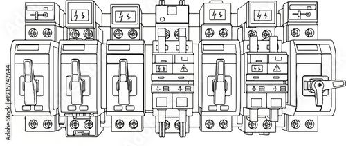 Industrial electrical circuit breakers with lever switches and warning symbols