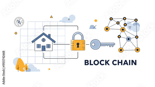 Blockchain for real estate transactions showing a house connected to a secure lock and digital network for transparent ownership.