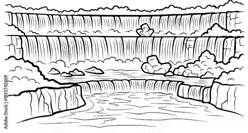 Cascading tiered waterfall with rocky outcrops and water flowing downwards