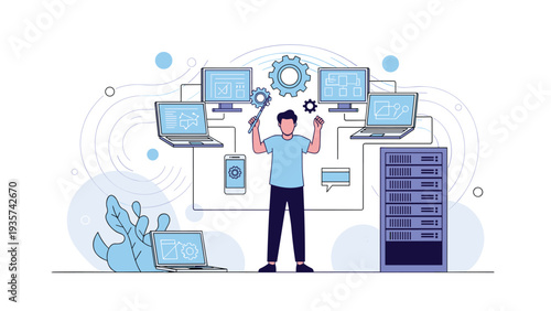 IT system administration and network management showing a professional controlling multiple devices, laptops, and data servers.