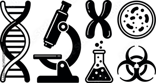 Flat design scientific icon set close up dna microscope chromosome petri dish flask biohazard laboratory equipment black vector silhouette symbols