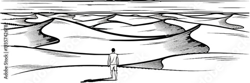 Lone figure stands before vast undulating sand dunes under a striped sky