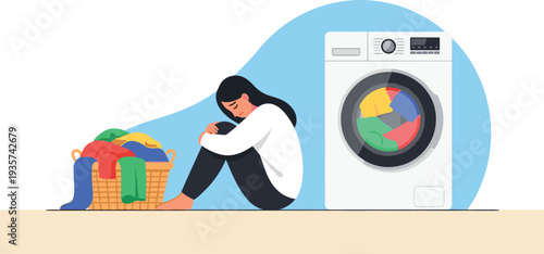 Sad woman sitting on floor overwhelmed by laundry basket and washing machine representing burnout and domestic stress concepts