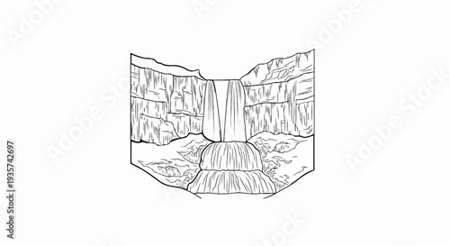 A dramatic waterfall cascades down layered cliffs into a pool below