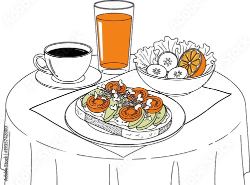 Artistic sketch of a table setting with breakfast coffee, juice, salad, and avocado toast