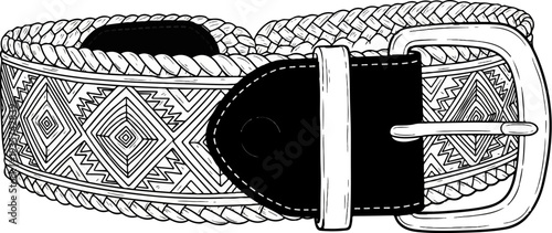 Ornate woven belt with geometric patterns and silver buckle