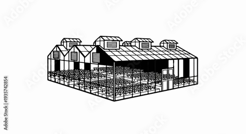 A black and white illustration of a greenhouse full of plants