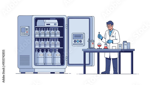 Scientific research in a laboratory where a chemist works with glass equipment next to a large industrial sample freezer.