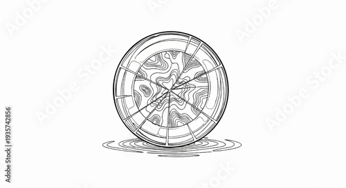 Abstract circular design with textured center, resting on rippling surface