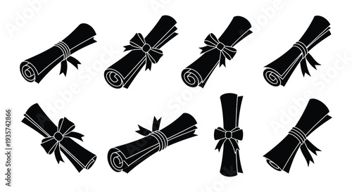 Collection of black and white illustrations depicting rolled parchment scrolls