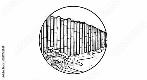 A black and white circular drawing of a bamboo barrier with ocean waves